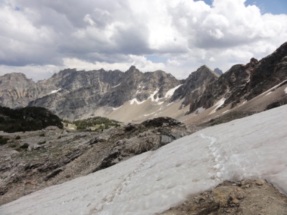 Paintbrush Canyon is inaccessible without snow gear until late in the summer. It's the last week of July in a dry year, so the snow fields are fortunately pretty short. The rangers said an ice axe was required just a few weeks earlier.